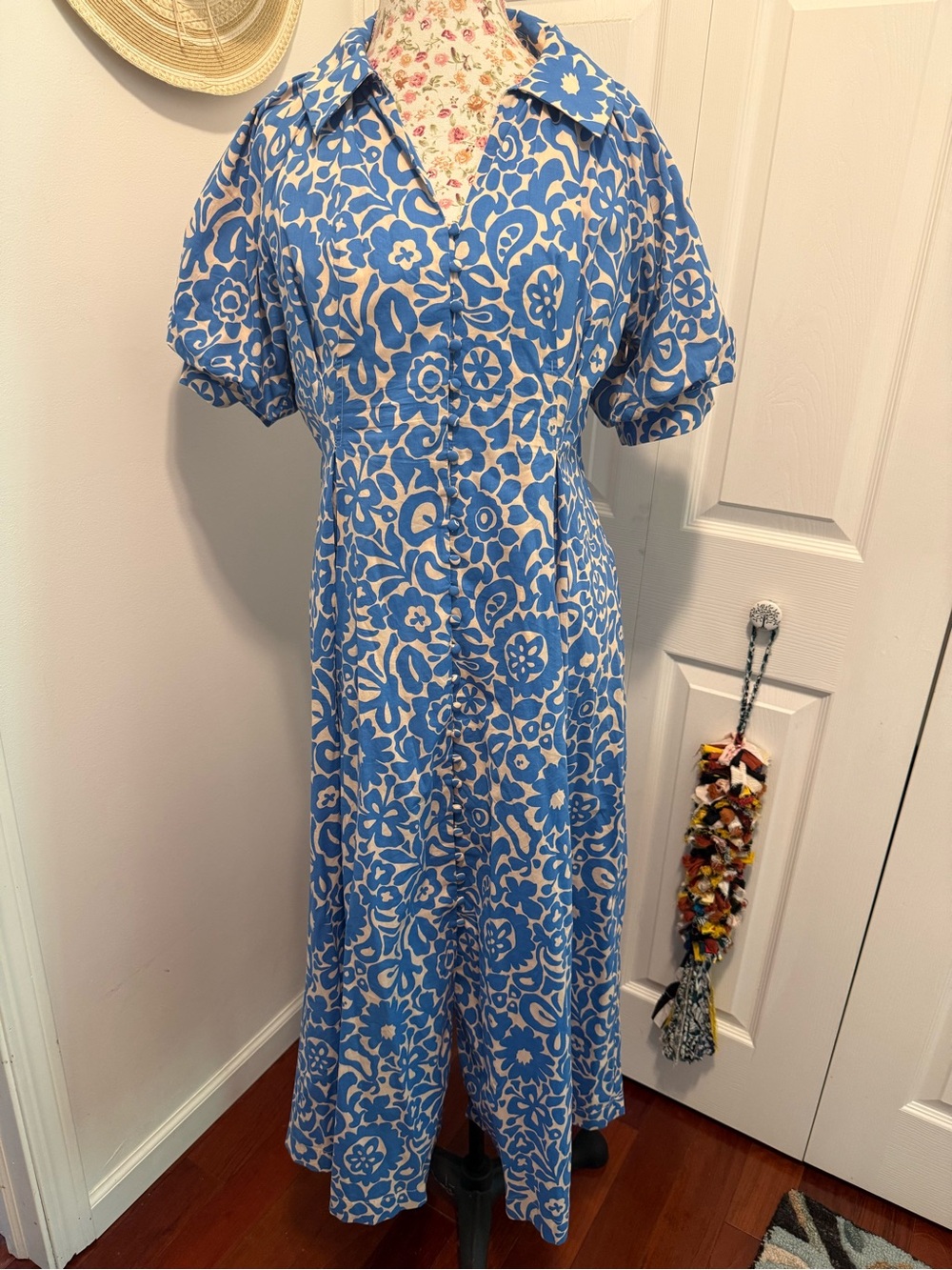 Blue Floral Button-Front a-line Midi Dress